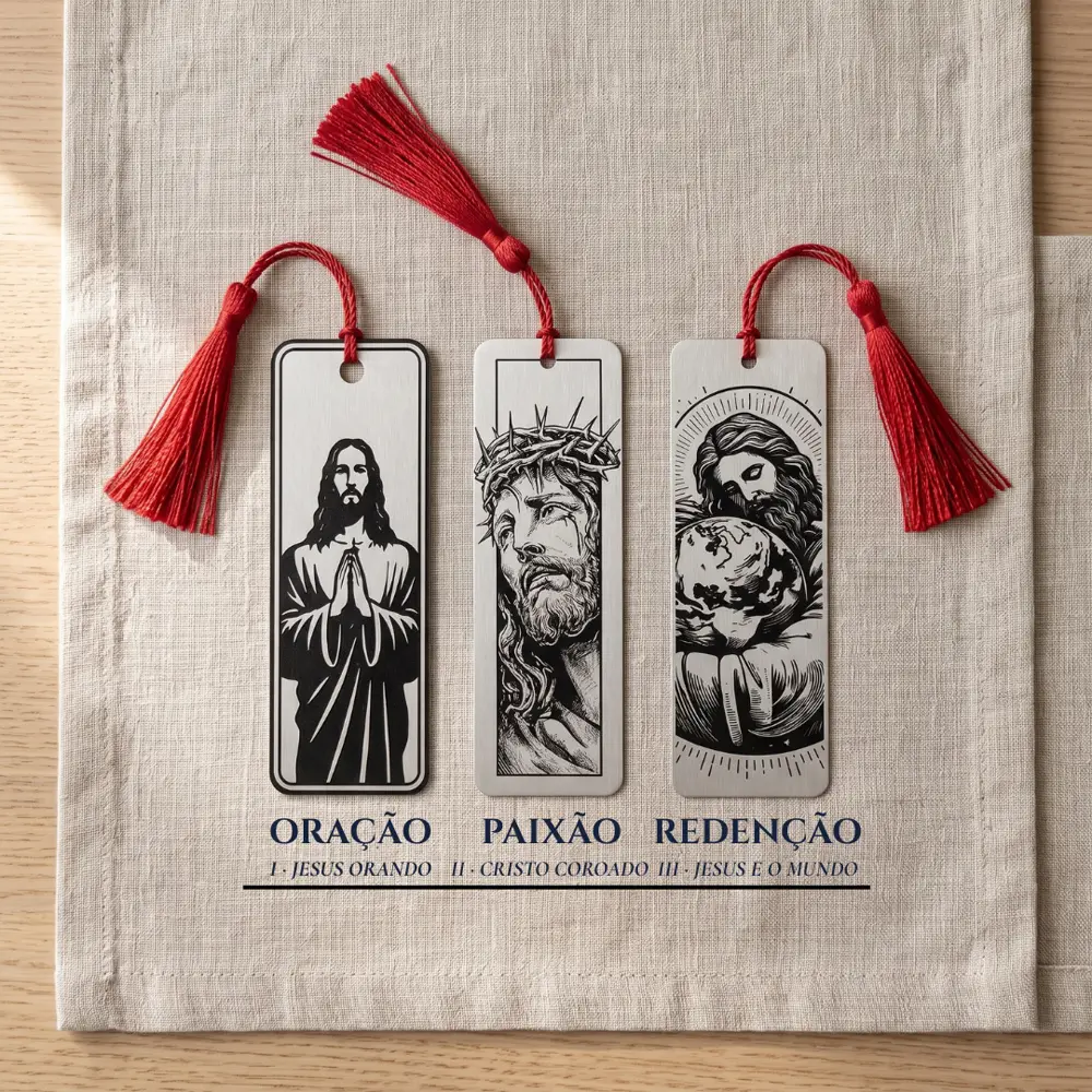 Os três marcadores do kit lado a lado sobre linho, com tassels vermelhos e os nomes Oração (Jesus Orando), Paixão (Cristo Coroado) e Redenção (Jesus e o Mundo)